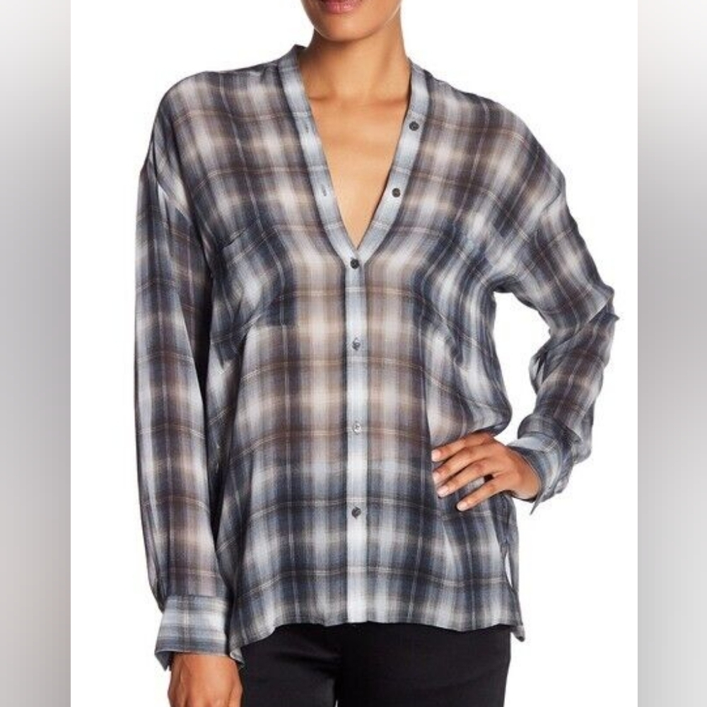 Vince Shadowbox plaid silk blouse, sz M